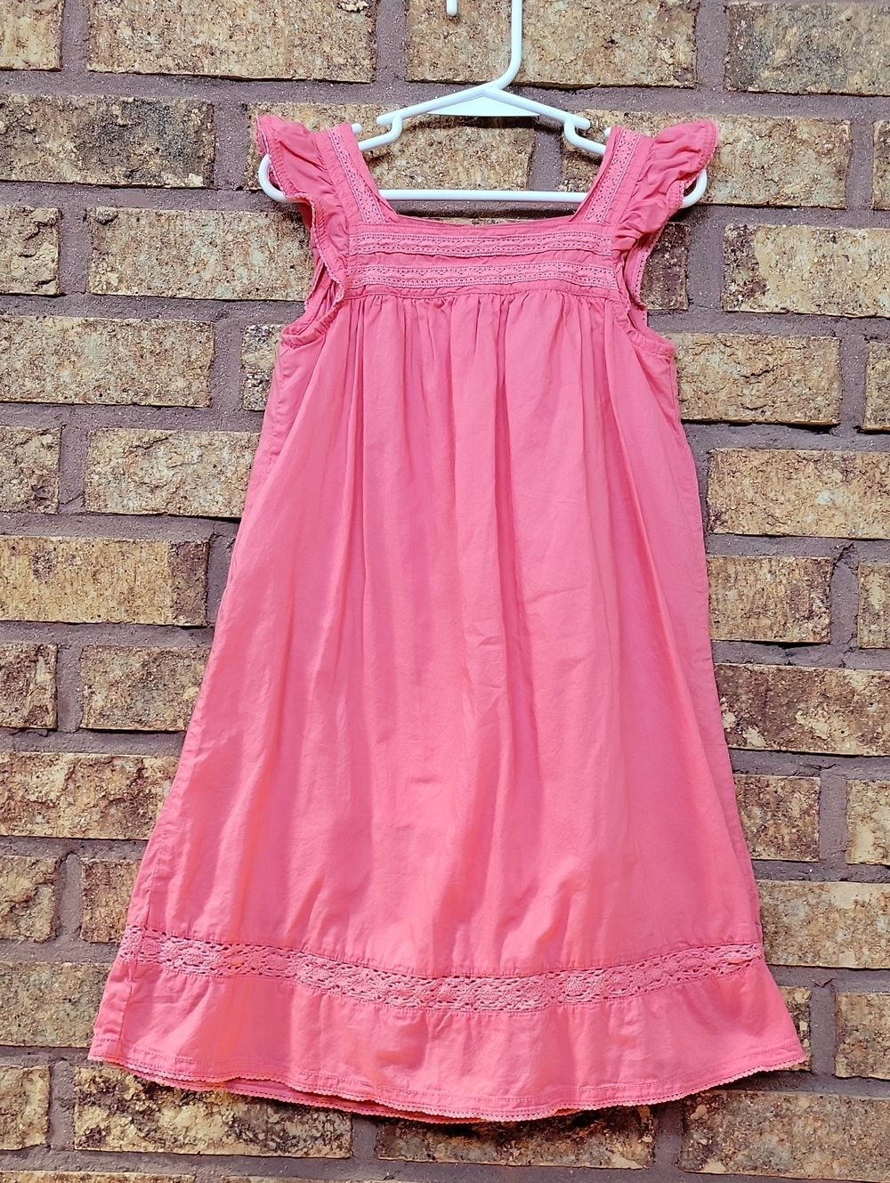 Mini Boden Pink Flutter Sleeve Crochet Lace Trim Cotton Dress Girls Size 4/5